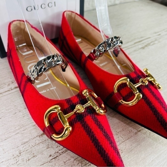 NWT GUCCI Archive Wool Check Pointed Toe Ballet Flats Shoes Red/Black SZ 35 - Picture 1 of 16